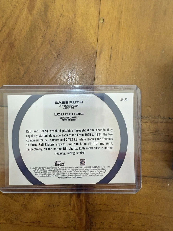 Topps Babe Ruth and Lou Gehrig Dynamic Dous SSP #2/25 2025 (lámina de oro) Foto 2 de 3