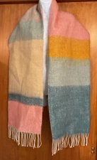 Women's Oversized Blush Striped Blanket Block Scarf Wrap Twisted Fringe 13.5x84