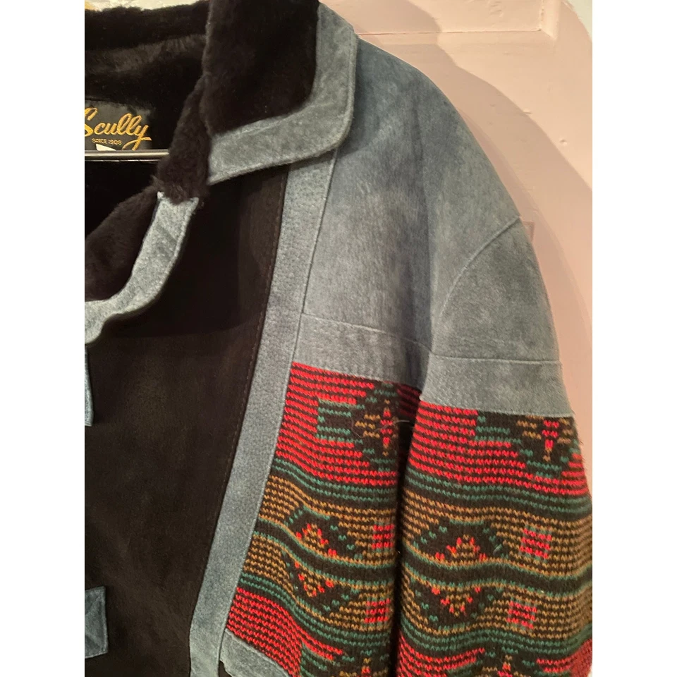 Vintage Scully Southwestern Bomber Jacket L Tapestry Suede Faux Fur - Image 4 of 4