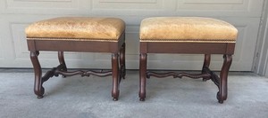 Pair Hancock & Moore leather ottoman stools benches walnut French Spanish style