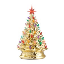 15" Pre-Lit Gold Ceramic Christmas Tree Hand-Painted Tabletop with Lights