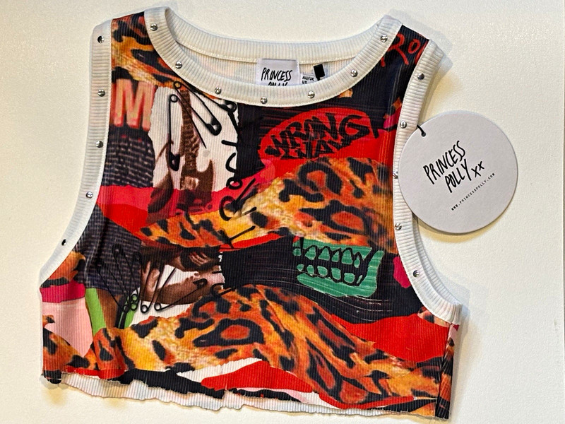 Princess Polly Women's Ribbed Crop Tank Top Multicolor Animal Print Studded US 0