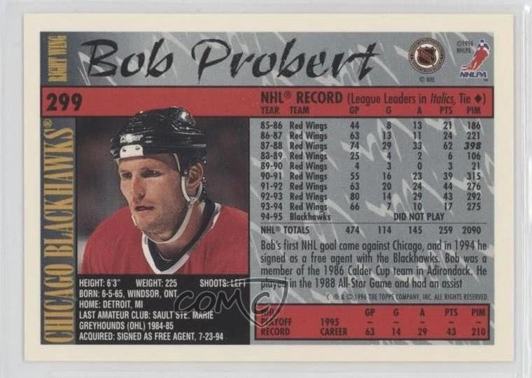 1995-96 Topps O-Pee-Chee Bob Probert #299 - Image 2 of 2
