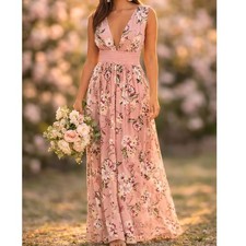 Windsor Dusty Pink Floral Maxi Dress S Crochet Waist Chiffon Wedding Guest Prom