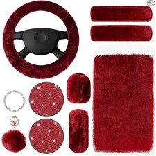 10 Pcs Fluffy Car Steering Wheel Covers Handbrake and Gear Shift Wine Red