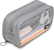 ZIPIT Half Half Pencil Case, 3-Compartment Aesthetic Zipper Pouch, Grey Clea