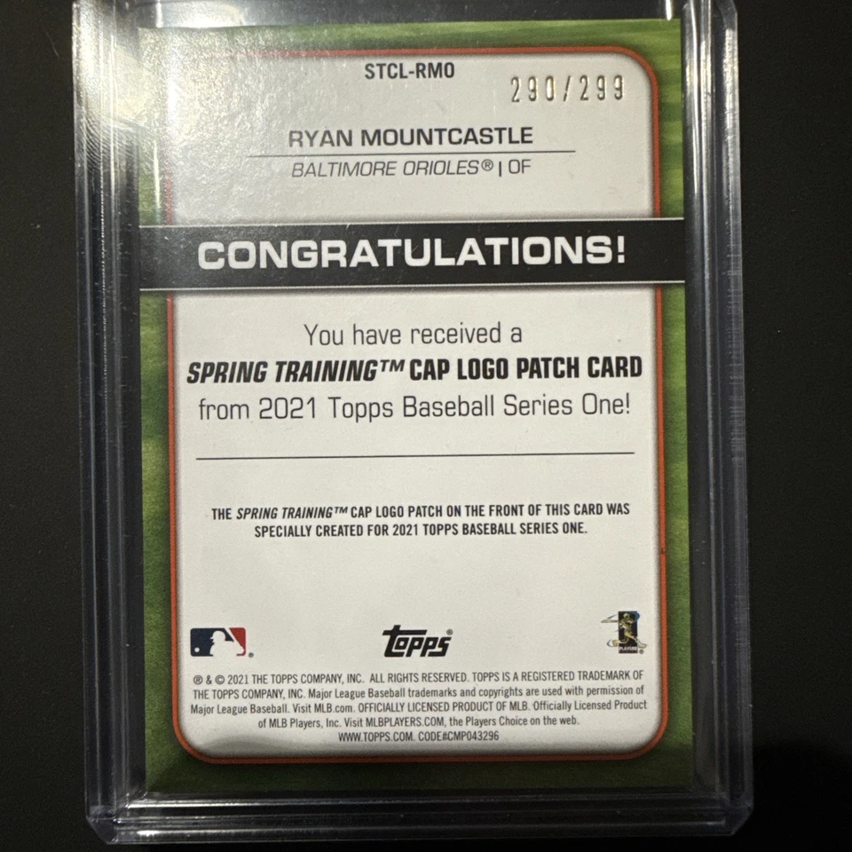 Ryan Mountcastle RC 2021 Topps RC Cap Logo Patch Black Parallel  #/299 Orioles - Image 2 of 4