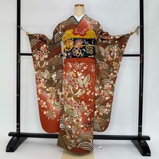 Furisode 6-piece set Japanese Kimono Orange Classic floral Free shipping S-201