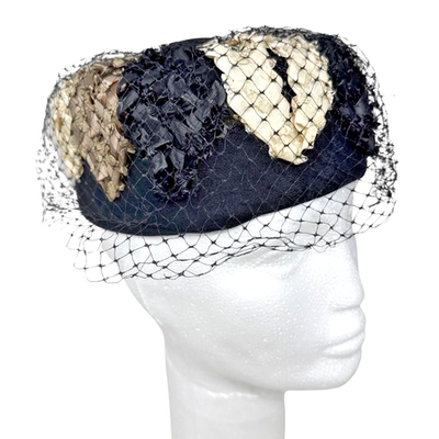 VTG 1950s Pillbox Hat Net Veil Womens Black Cream Taupe Woven Raffia Rockabilly VTG 1950s Pillbox Hat Net Veil Womens Black Cream Taupe  main image 3