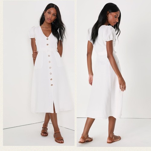 Lulus Sicily Midikleid Herzausschnitt weiß Knopfleiste Puffärmel Small Coastal - Bild 2 von 8