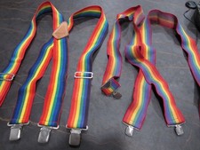 VTG 70s 80s Rainbow Suspenders Roosters Products Clip On 3 Point disco Gay Pride