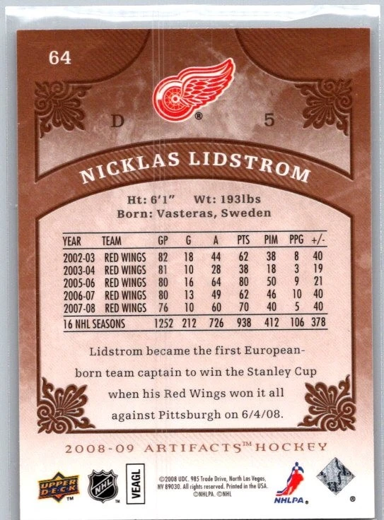 2008-09 Upper Deck Artifacts #64 Nicklas Lidstrom Detroit Red Wings HOF - Image 2 of 2