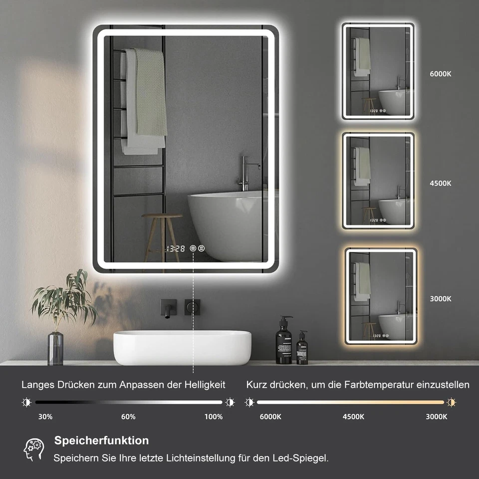Dimmbar LED Badezimmerspiegel Badspiegel Wandspiegel Beschlagfrei 3 Lichtfarben - Bild 2 von 4