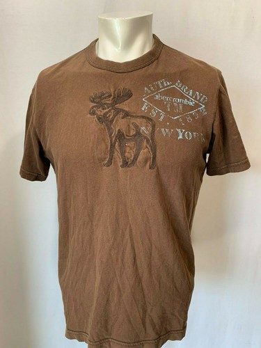 Abercrombie Youth XL Cotton Brown Crew Neck Embroidered Moose Graphic T Shirt