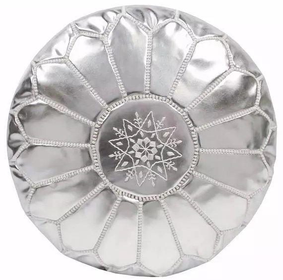 Silver faux Leather Round Ottoman Hand stitched Unstuffed Moroccan Boho Pouf