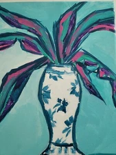 BLUE PALM original acrylic painting on stretched canvas ready to hang expressive
