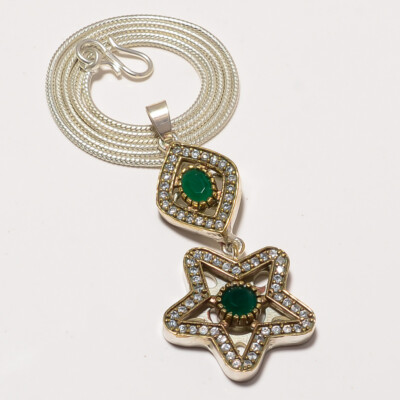 GREEN ONYX WITH WHITE TOPAZ GEMSTONE 925 SILVER TURKISH HANDMADE PENDANT