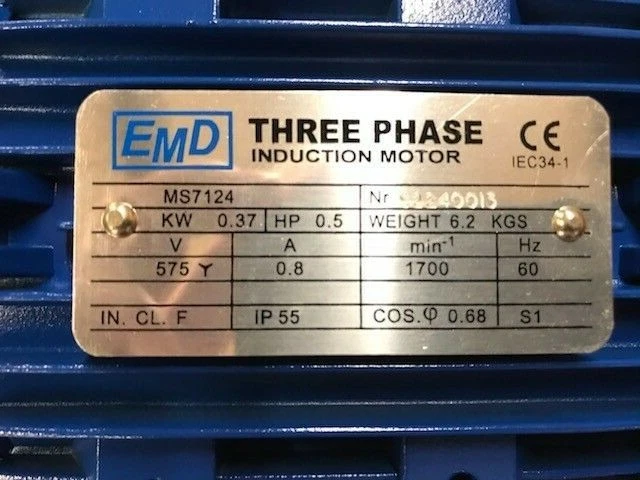 MS7124 B35, .5HP, .37KW, 1700rpm, 575 VOLTS, 3 Ph, 60HZ, TEFC, EMD MOTOR - Image 2 of 4