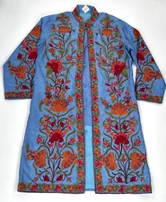 Embroidered Kashmiri Floral Lined Kimono Blue Jacket Coat Boho Womens Large NWOT