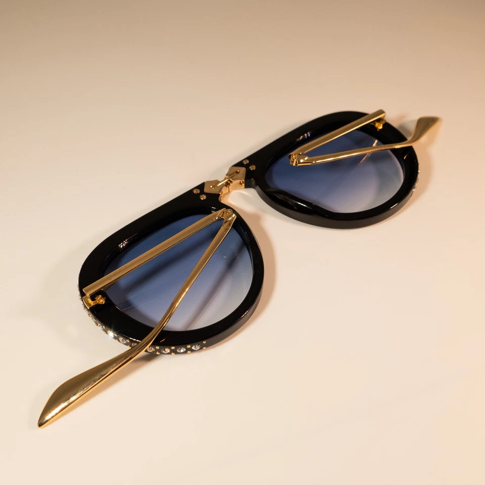 Gucci GG0307S 56mm Foldable Aviator Sunglasses in Black w.Crystals and Blue Lens - Image 4 of 4