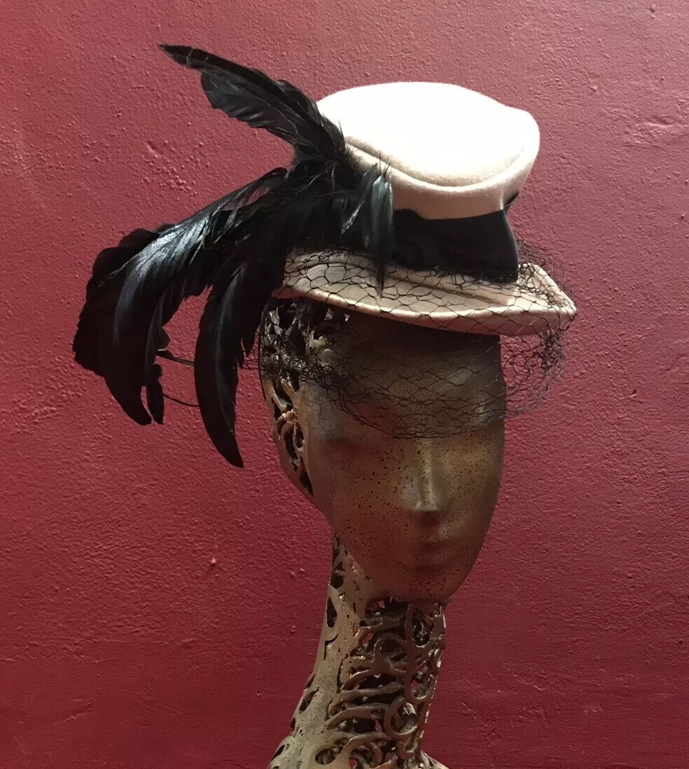 1940s Vintage Hat Veil Beige Tilt Top Evening Feather Mocha 30s