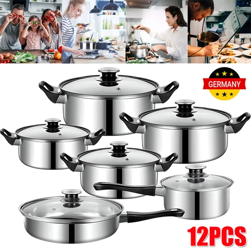 12-tlg Topfset Kochset Induktion Gas Halogen Ceran Kochtopfset Edelstahl Satz - Bild 1 von 17