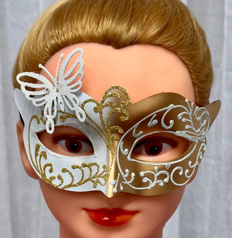 Máscara, Adulto, Disfraz, Mascarada, Burlesque, Fiesta, Blanco/Dorado, Mariposa PP021 Foto 3 de 4