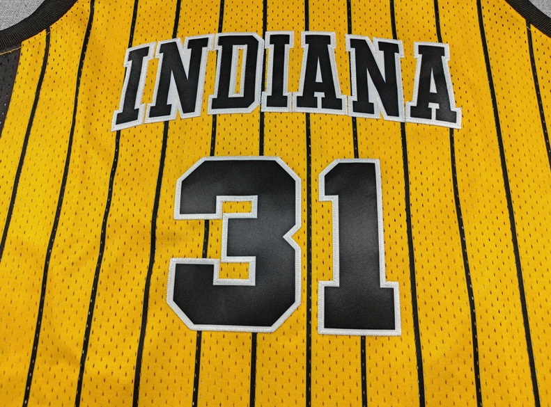Camiseta deportiva retro Indiana Pacers Reggie Miller #31 amarilla a rayas de madera dura clásica Foto 2 de 4