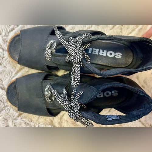 SOREL Joanie Wedge Heel Lace Up Open Toe Sandals Black Suede Comfort ChicSize 8 - Imagen 4 de 7