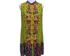 Saloni 100% Silk Floral Dress Size 6 Yellow Multicolor Sleeveless Belted Summer
