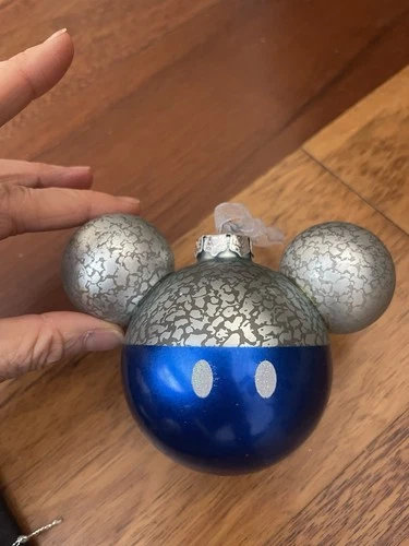 Disney Parks Mickey Mouse Icon Glass Christmas Tree Ornament Crackle Ear Glitter