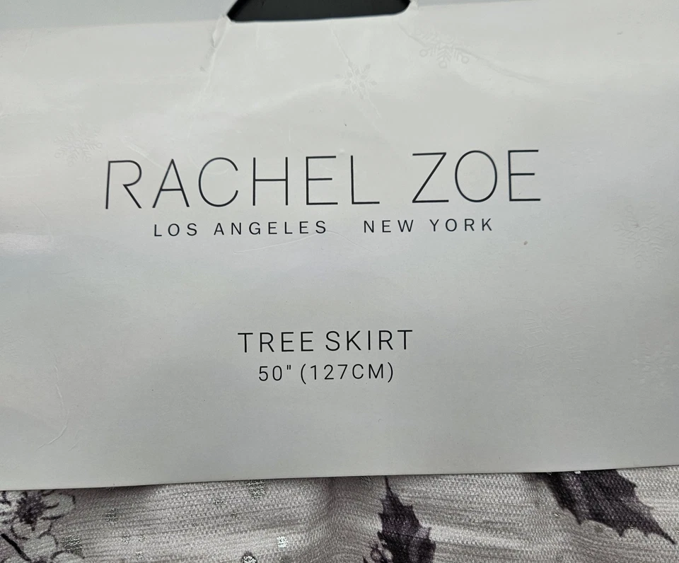 NWT Rachel Zoe 50" Christmas Tree Skirt, Gray, Silver, White Poinsettias - Image 3 of 4