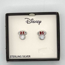 NEW-Sterling Silver Cubic Zirconia Minnie Mouse Studded Earrings