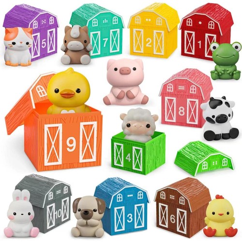 Learning Toy for Toddlers 1 2 3 Year Old, 10 Farm Animal Toys & 10 Barns, Cou...