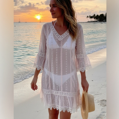 Boho Lace Crochet Trim Sheer Beach Cover Up Dress White Resort Swim Tunic  Small | eBay