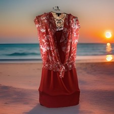 Dana Kay 2 Piece Red Floral Top Over A Solid Red Sleeveless Dress Size 18