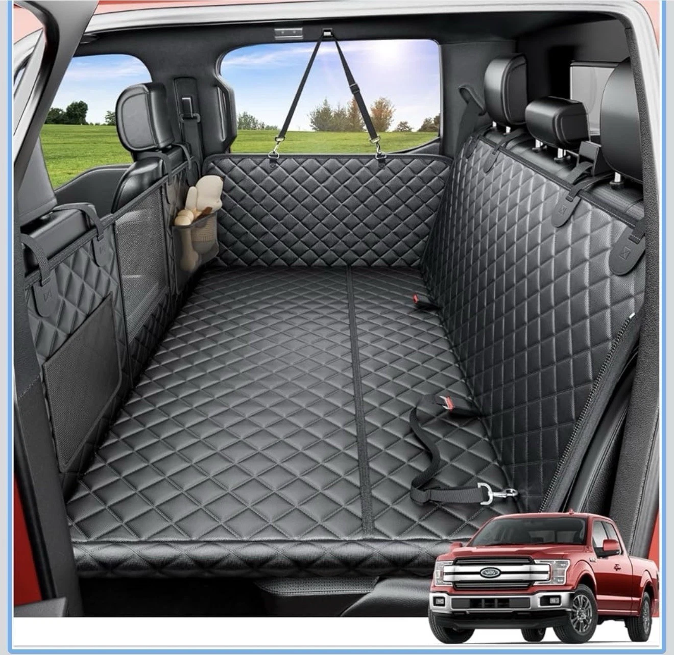 Dog Truck Seat Cover for Back Seat, Hard Bottom Dog Hammock for Car, Pet Bed Ext