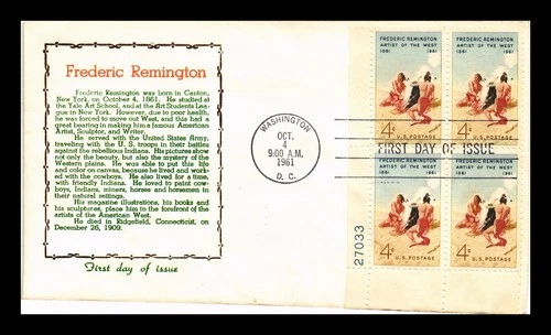 DR JIM STAMPS US COVER FREDERIC REMINGTON ARTIST OF THE WEST FDC PLATE BLOCK