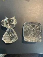 Lot 2 Vtg MCM BLENKO Clear Glass Owl Paperweight Figurine Don Shepherd DAS