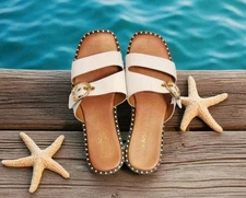 Coach & Four Aquila Slide Sandals White brown Leather Made in Italy WM size 9.5