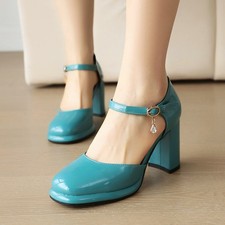 Lady Women's Mary Janes High Block Heel Dress Formal Banquet Shiny Leather Shoes