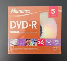 Memorex DVD-R 5 Pack 4.7GB 120 Min 16X Recordable Discs New Sealed