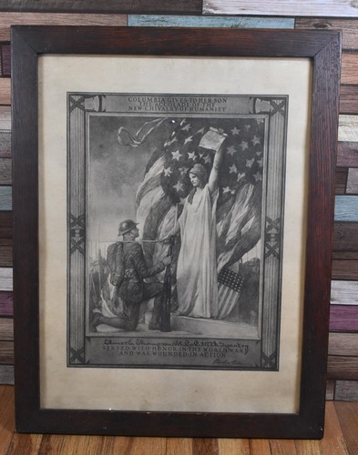 Vintage Framed WWI Columbia Accolade Wounded in Action Military Certificate