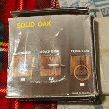 Oak Wood Bathroom Accessory Set Brown Brush Holder Soap Dish Towel Rack