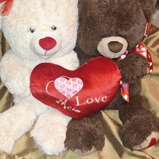 Walmart Large Brown & White Plush Couple Bear Set w/ Heart Pillow Valentine