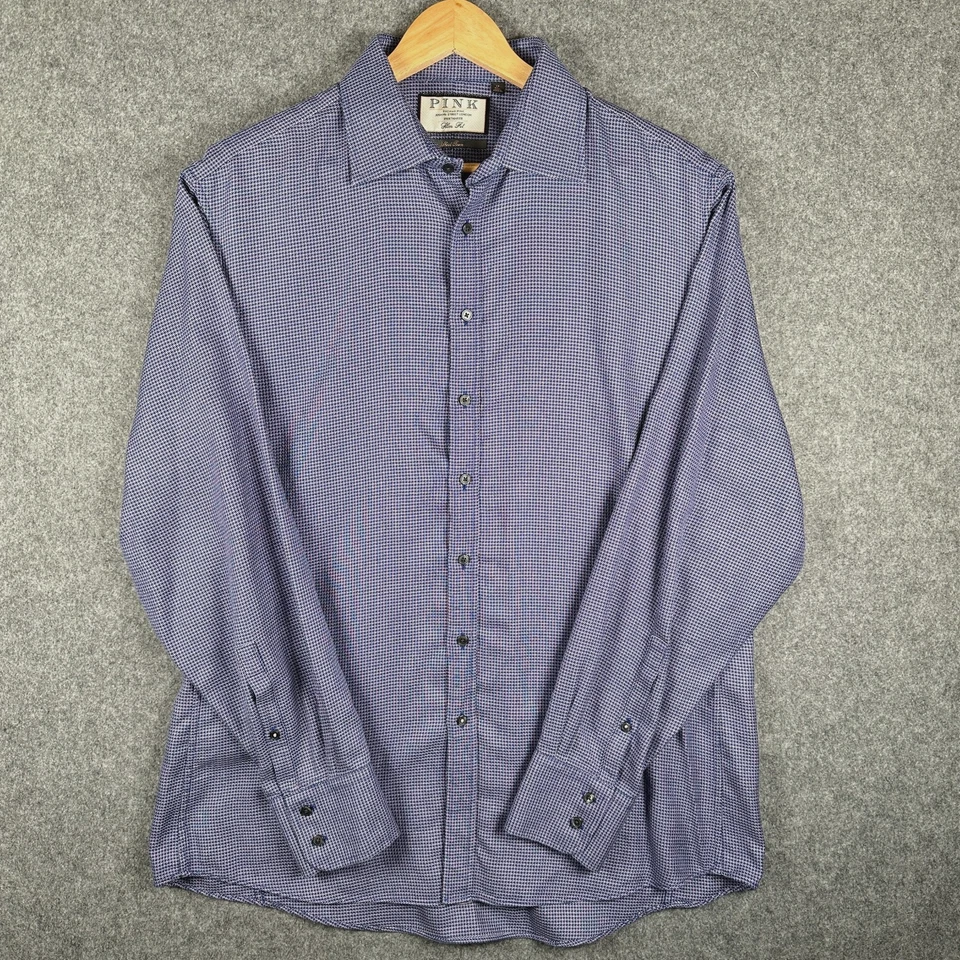 Camisa masculina Thomas rosa 17" gola azul geométrica manga longa slim fit Jermyn St - Imagem 2 de 4