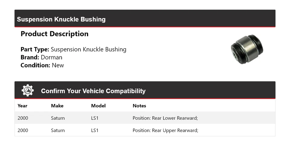 Buje de nudillo de suspensión Dorman Saturn LS1 2000 Foto 2 de 4