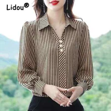 Striped Print Elegant Korean Fashion Office Lady Business Casual Shirt Spring