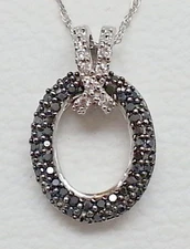 .25 Ct Black & White Diamond 14K White Gold Oval & Ribbon Necklace New 18"   