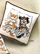Art Craft Concepts Cross Stitch Pillow Case Dog Cat Kitty New VTG Grannycore